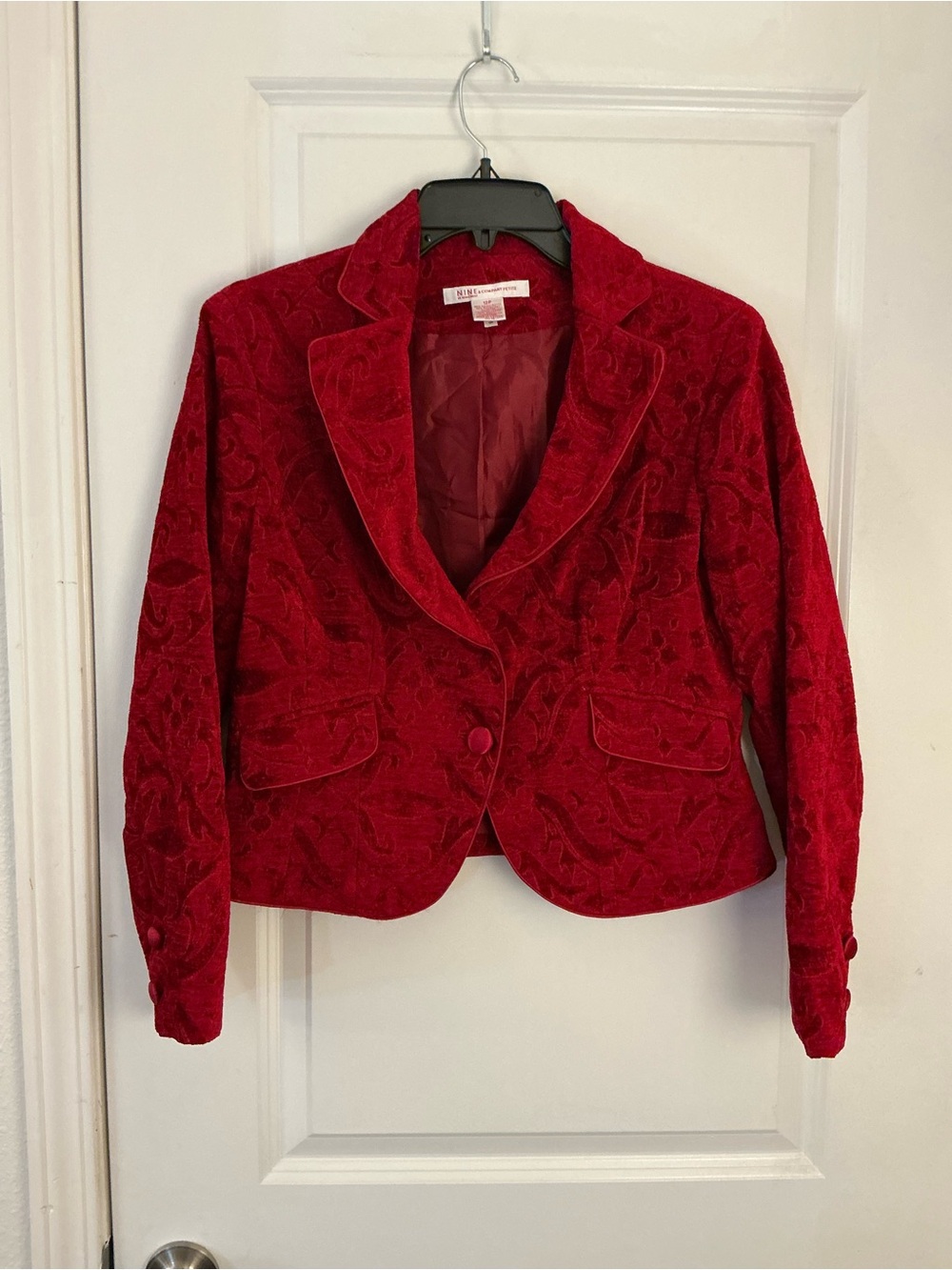 Nine West Nine & Co Red Damask Velvet Cropped Blazer 12P